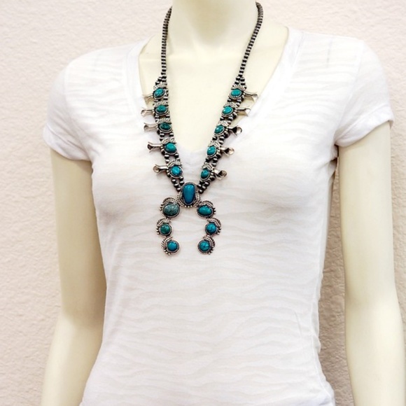 Squash Blossom Turquoise Necklace Natural Stones - Picture 3 of 4